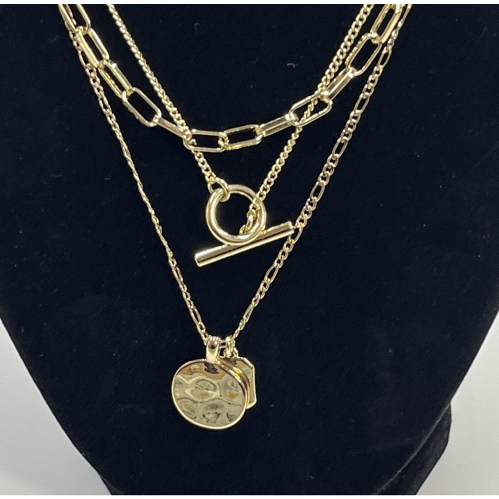 J Crew Factory Three Layer Necklace Paperclip Coin Tag & Toggle T Bar Gold Tone
